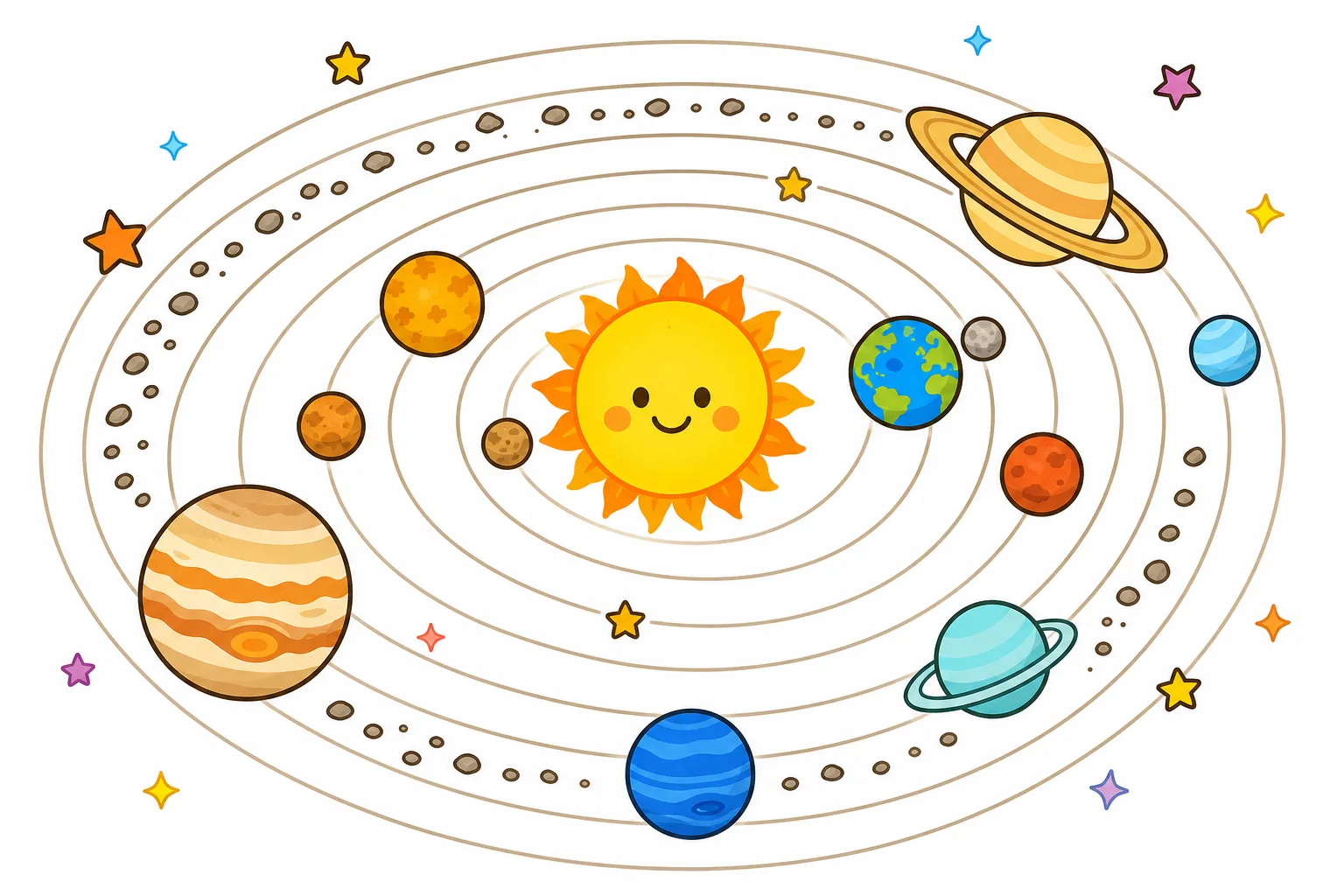 中心に 太陽、まわりに 惑星が ならぶ 太陽系。