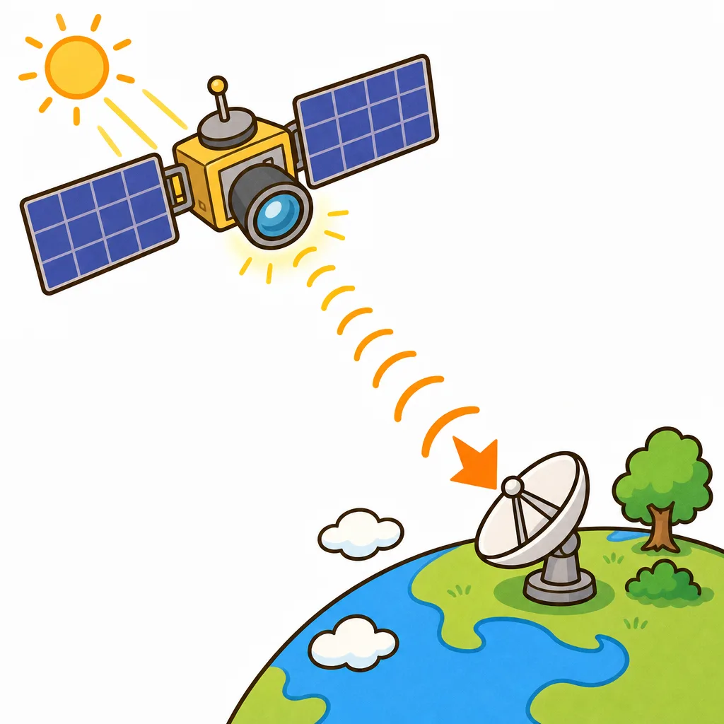 集めた 光をセンサーがデータにし、電波で 地球へ 送るステップ。