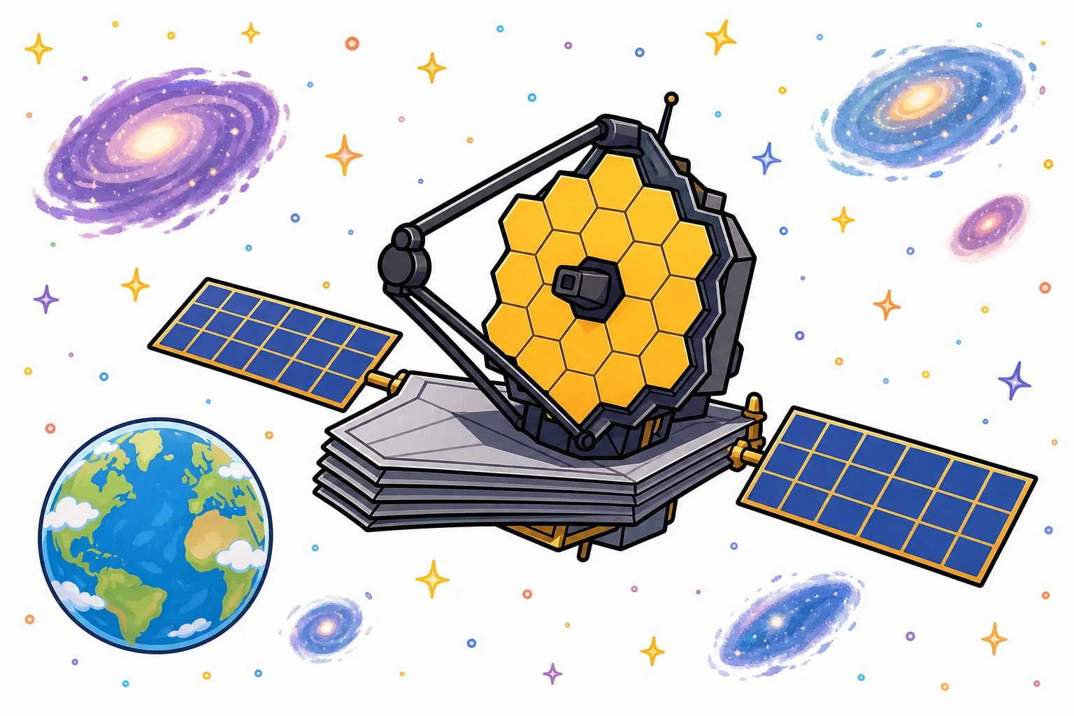 地球のまわりをまわる 宇宙望遠鏡。星や 銀河を 観測する。