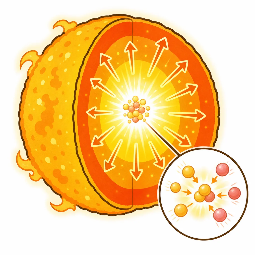 星の 中心で 水素がヘリウムに 変わり、エネルギーが 生まれる『 核融合』。