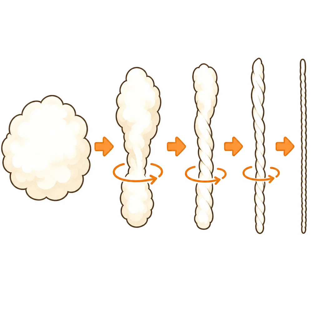 ふわふわした 繊維を よりあわせて、一本の 糸にする 様子。