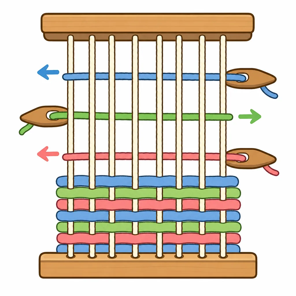 たて 糸と よこ 糸を こうごに くみあわせて 布を 織る 様子。