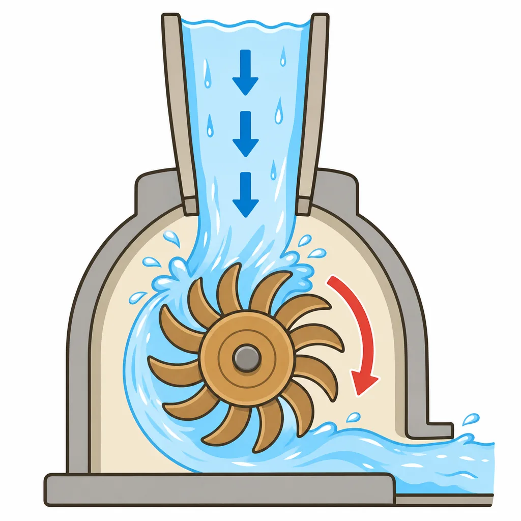いきおいよく 落ちる 水がタービンを 回すしくみ。