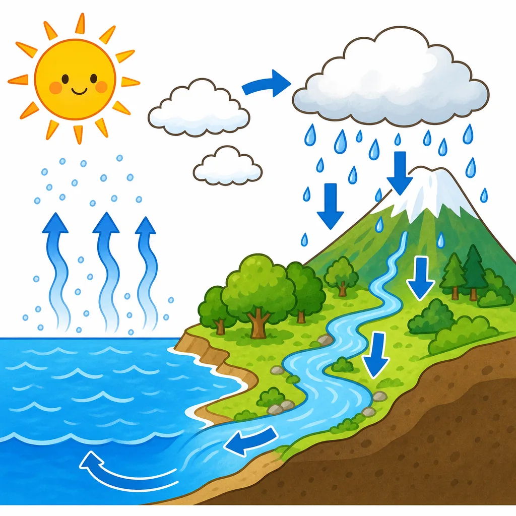太陽の 熱で 水がめぐり、発電のもとになります。