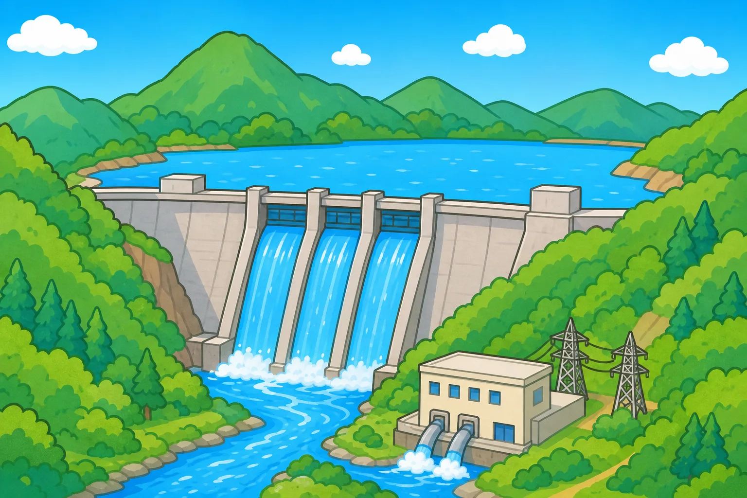 ダムにためた 水を 下へ 落として 発電するようす。