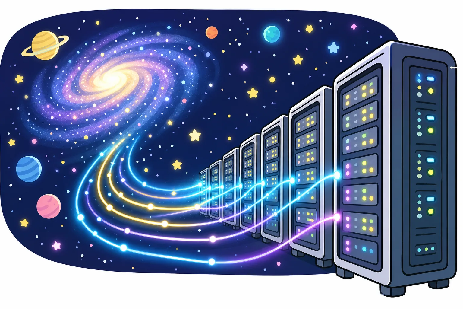 宇宙のようすと、それを調べる大きなスーパーコンピュータのイメージ。