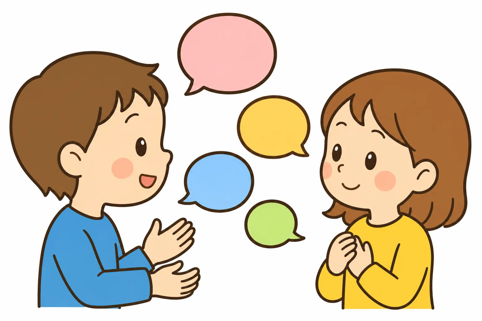 むかい合って話し合う二人。おたがいの考えを伝え合うのが対話です。