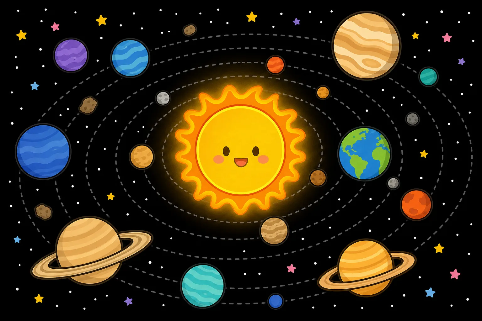 太陽を 中心に、惑星がならぶ 太陽系のイメージ。