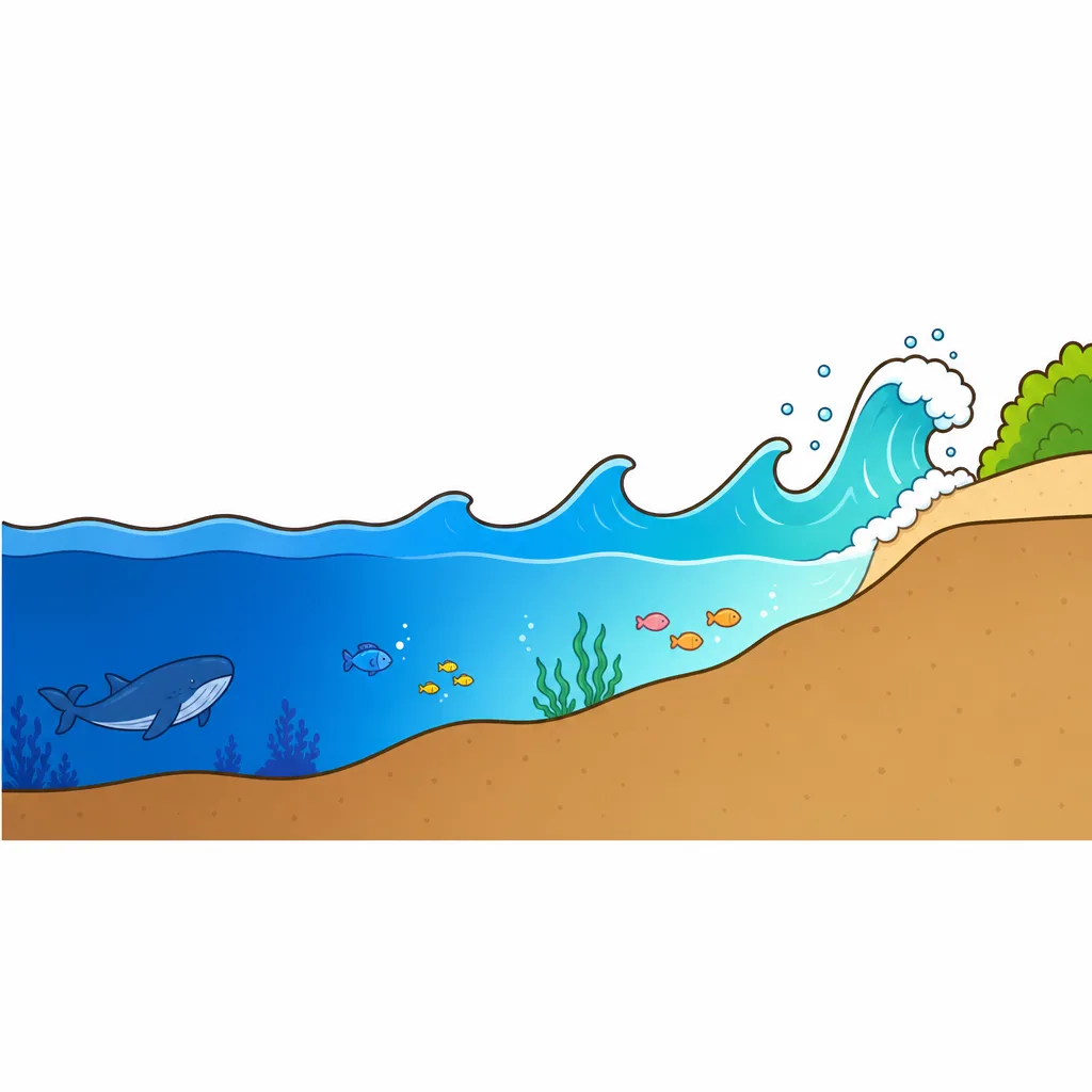 岸に 近づいて 海があさくなると 波が 高くなる。