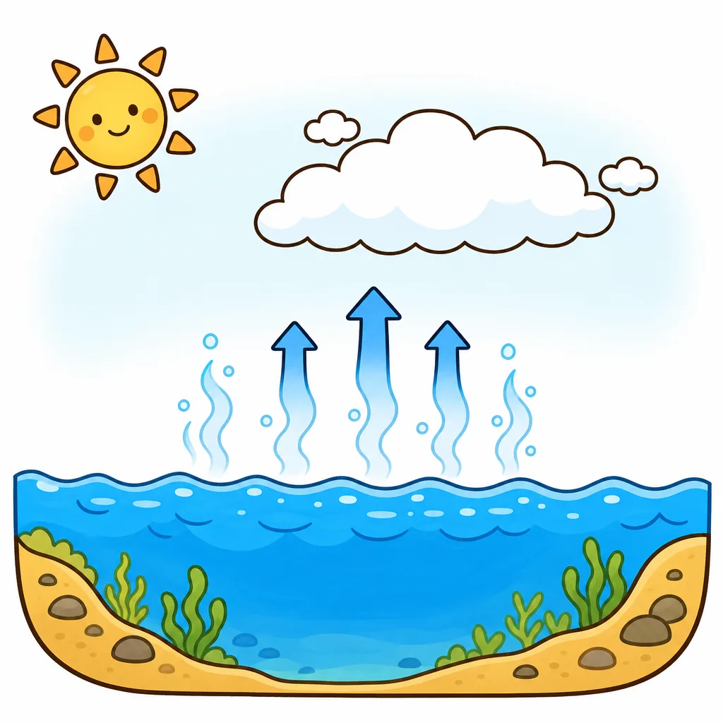 あたたかい 海の 水が 水蒸気になり、空へのぼって 雲をつくる。