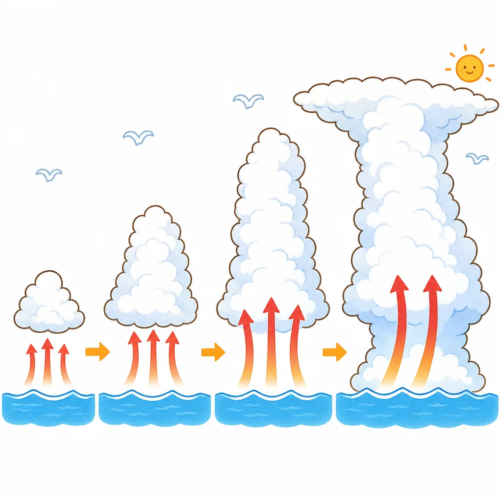 あたたまった 空気が 上へのぼり、背の 高い 積乱雲に 育つ。