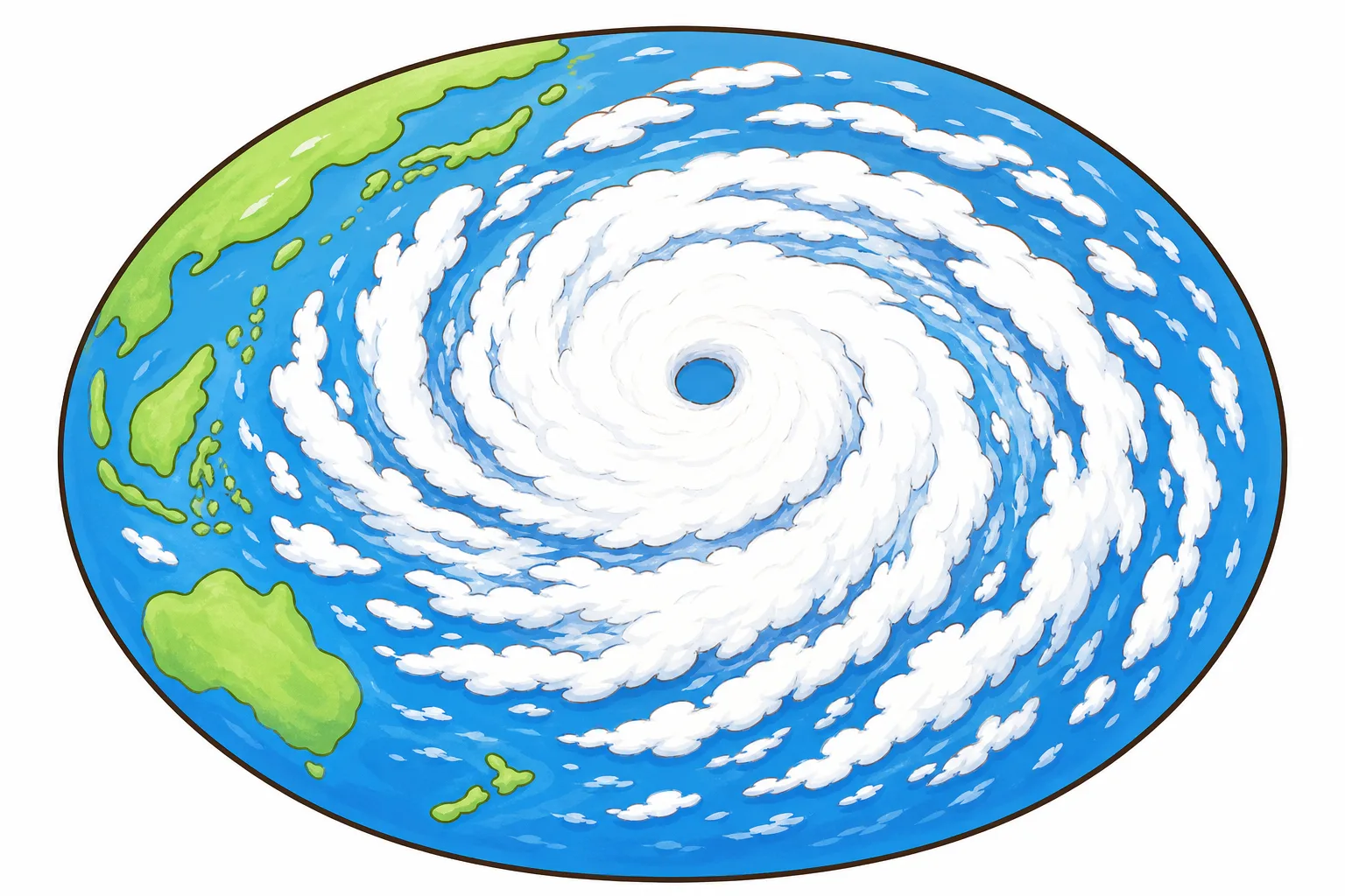 宇宙から 見た 台風。うずをまいた 雲のまん 中に 目が 見える。