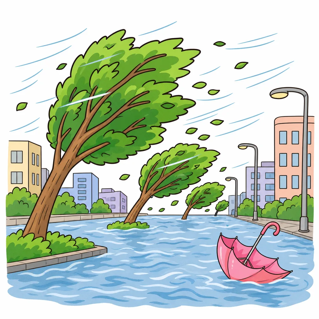 つよい 風で 木が ゆれ、道路が 水に つかる 台風の ひがい。