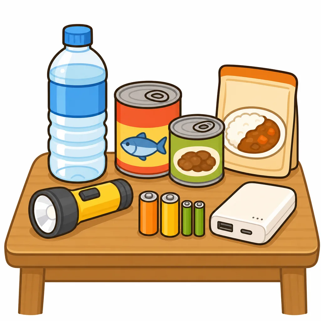 のみ 水、食料、懐中電灯、でんちなどの そなえ。