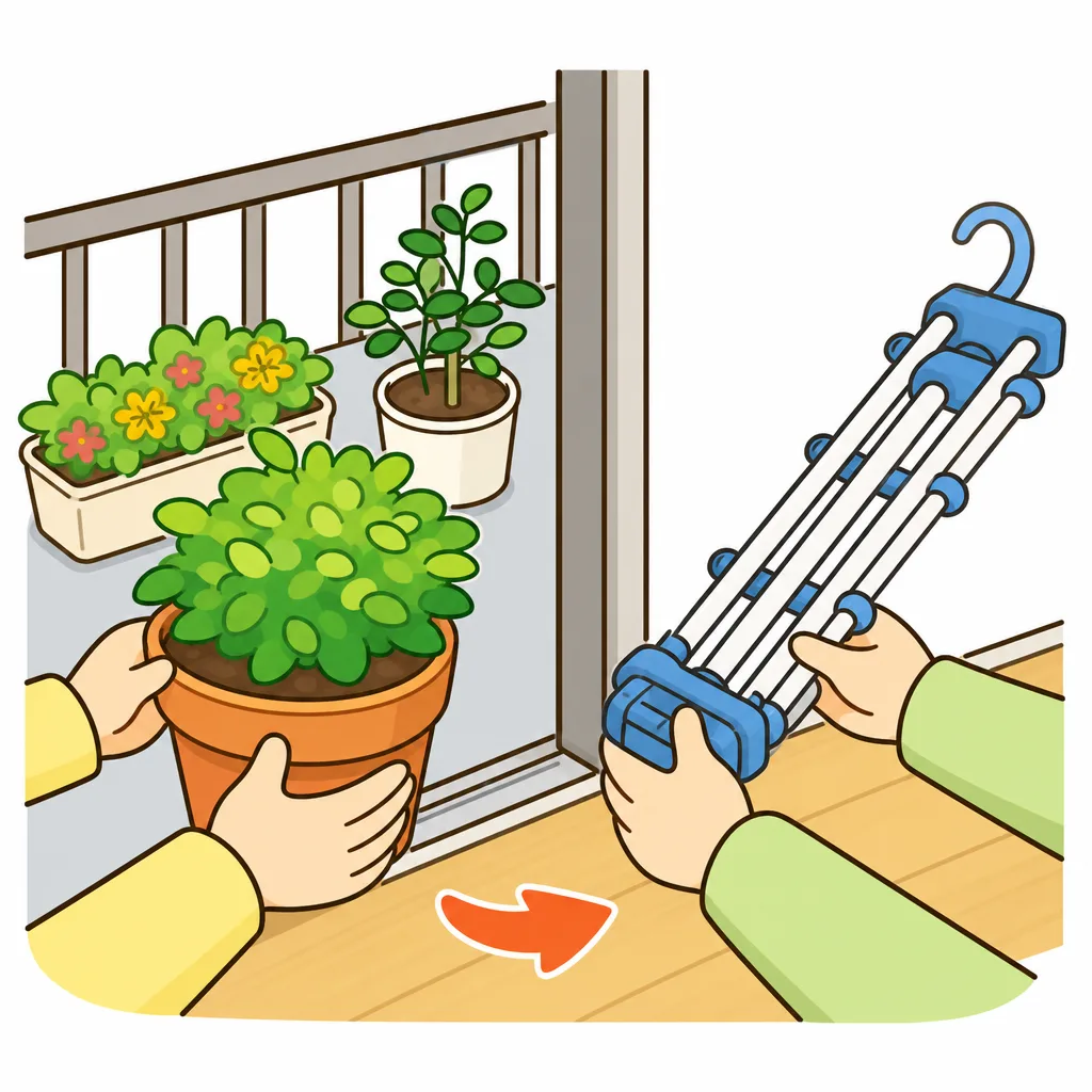 ベランダの 植木鉢などを 家の 中に しまう 点検。