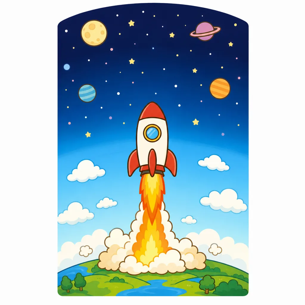 ロケットが じゅう力を ふりきって 打ち上げられる。