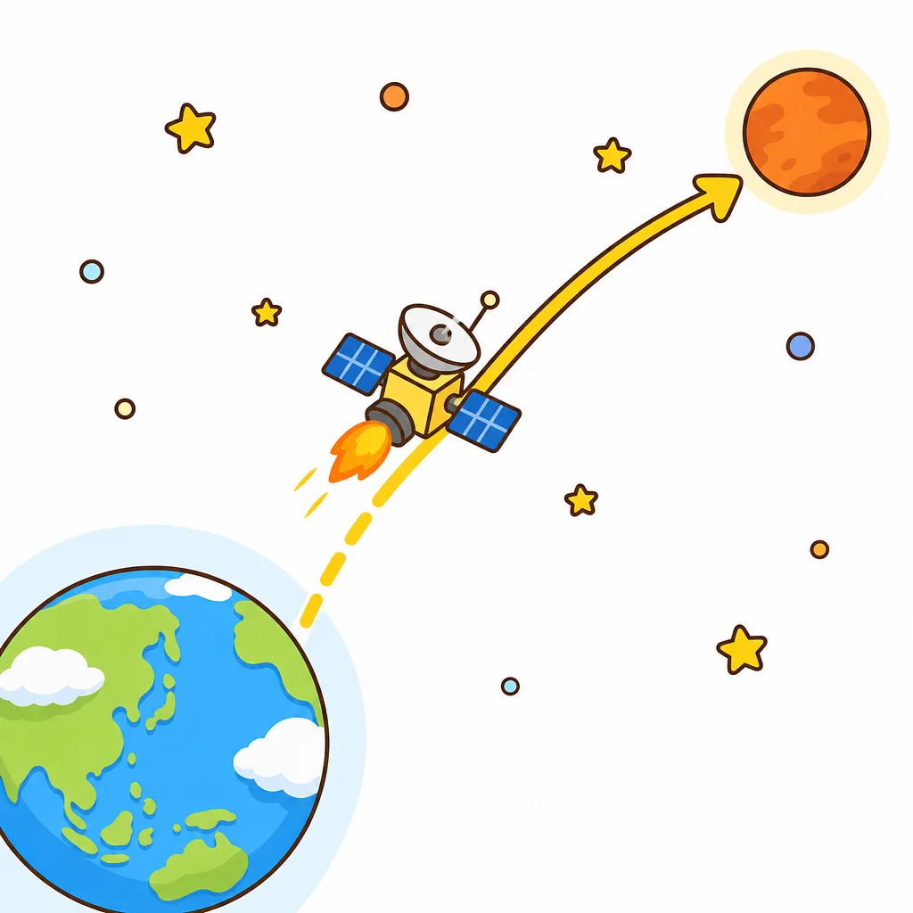 宇宙に 出た 探査機が、長い 道を とおって 星へ 向かう。