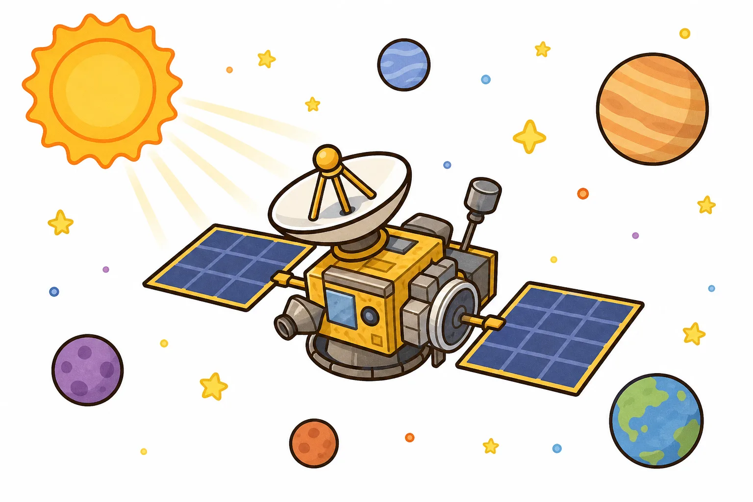 宇宙を 進む 探査機と、とおくの 惑星や 星。