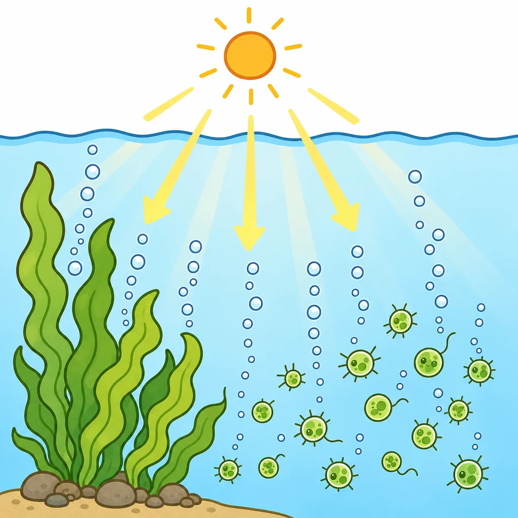 海藻や 植物のプランクトンが 光をあびて 酸素をつくります。