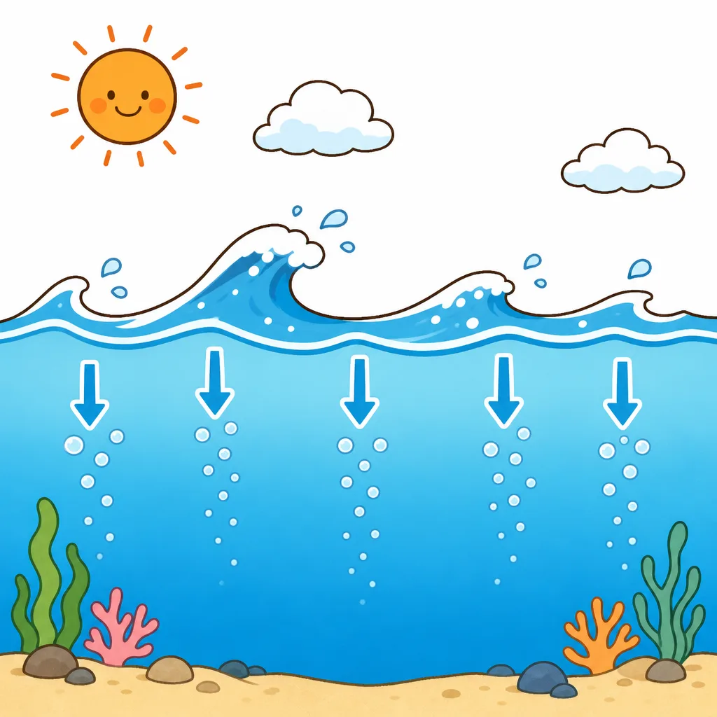 海面では、空気の 中の 酸素が 水にとけこみます。
