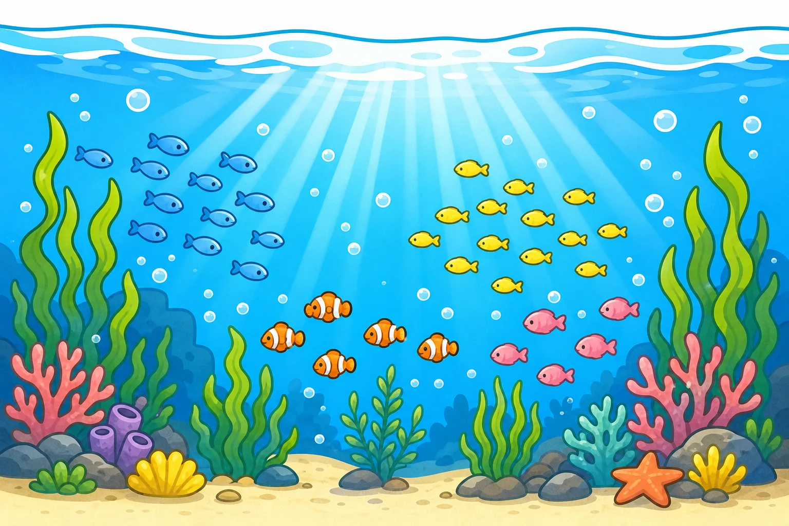 太陽の 光がさしこむ 海の 中。魚や 海藻がくらしています。