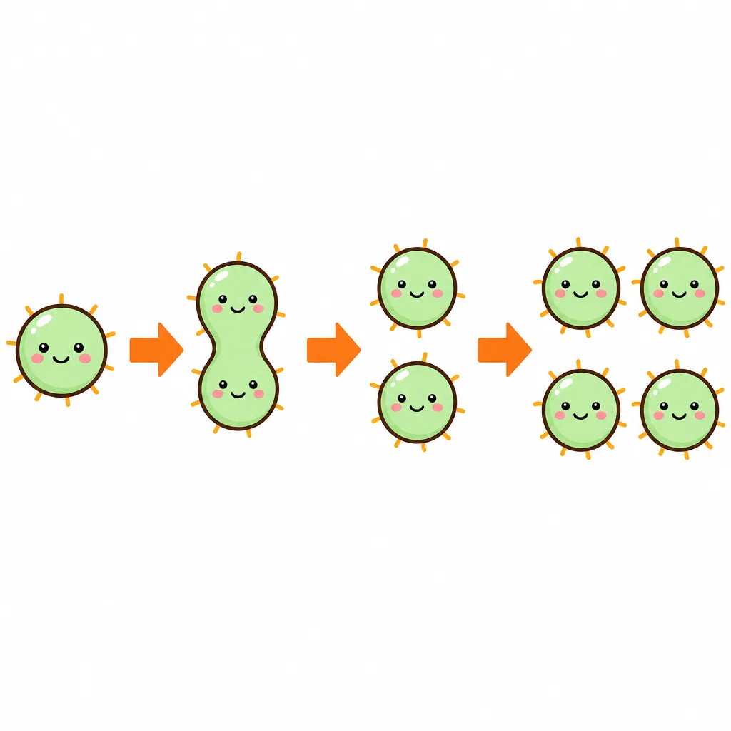 ばい 菌(細 菌)は、じぶんで 分かれて ふえていきます。