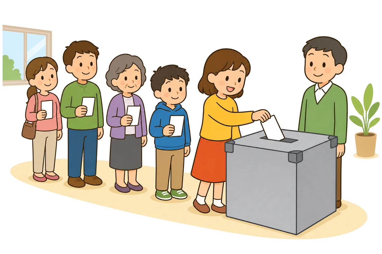 投票所で 紙を はこに 入れる 人たち。これが 投票です。