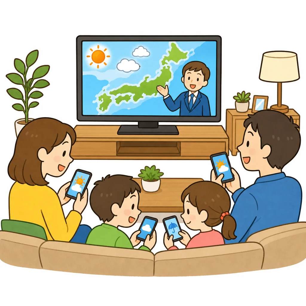スマートフォンやテレビで防災情報を確認する家族の様子。