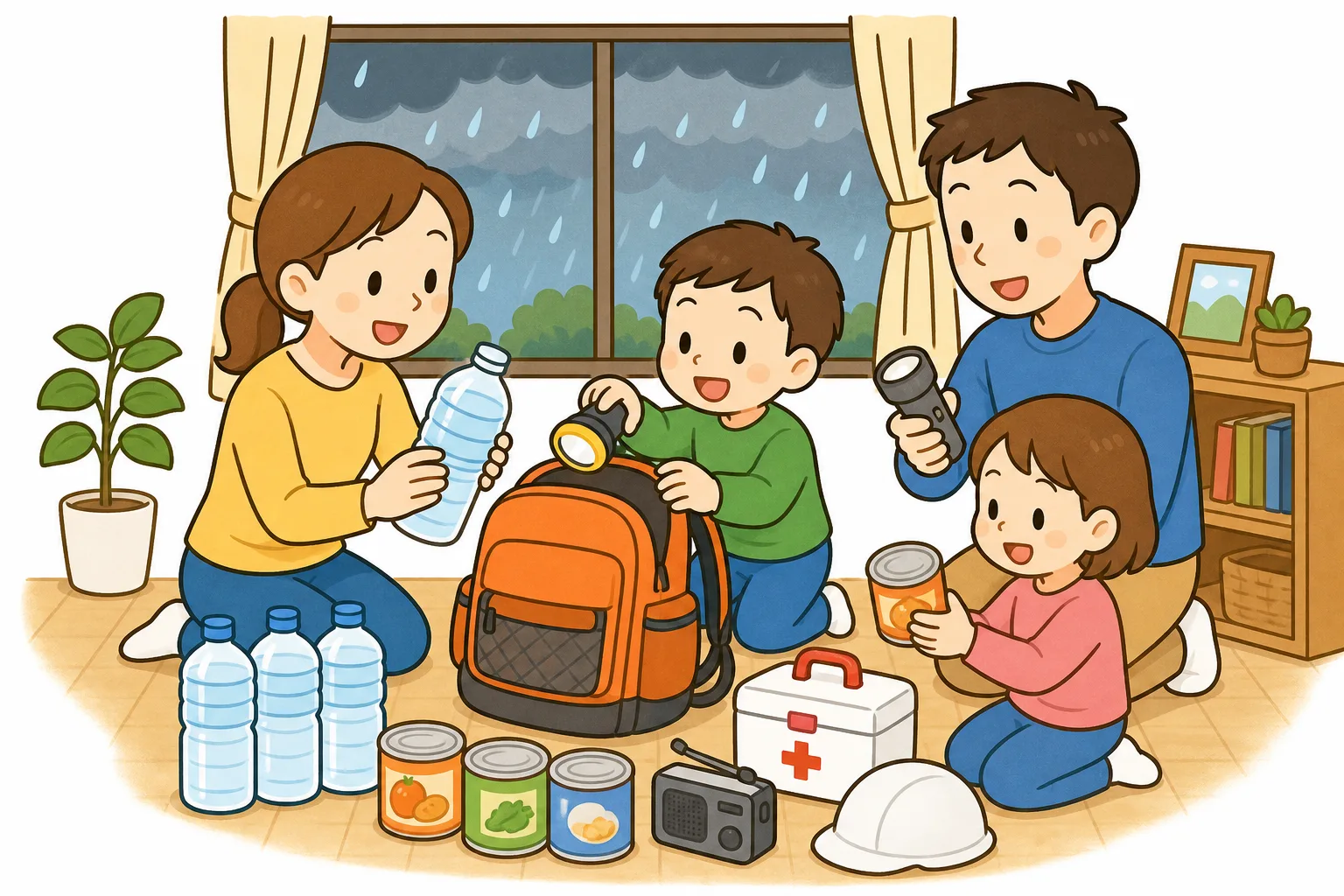 大雨にそなえて、家族で防災グッズを準備している様子。
