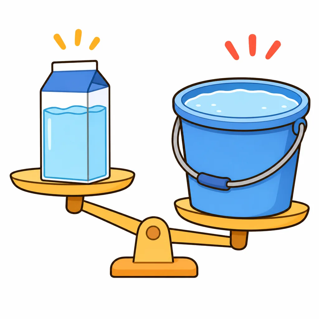 1リットルの 水は だいたい 1キロ。バケツいっぱいだと もっと おもくなります。
