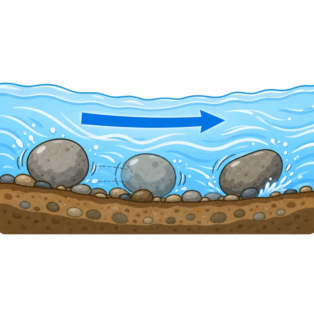 いきおいよく 流れる 水が、石を おし 流すようす。