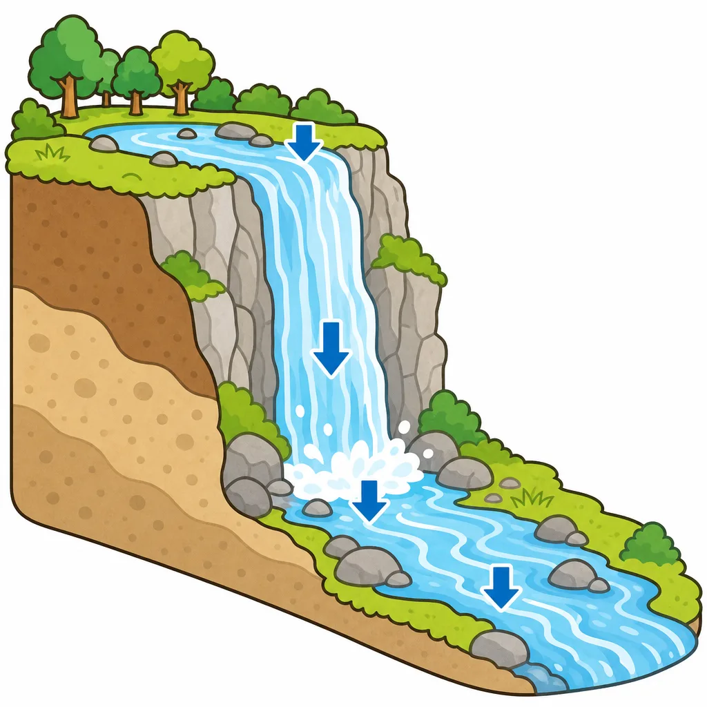 水は 高いところから 低いところへ 流れ、おちるほど 力が つよくなります。