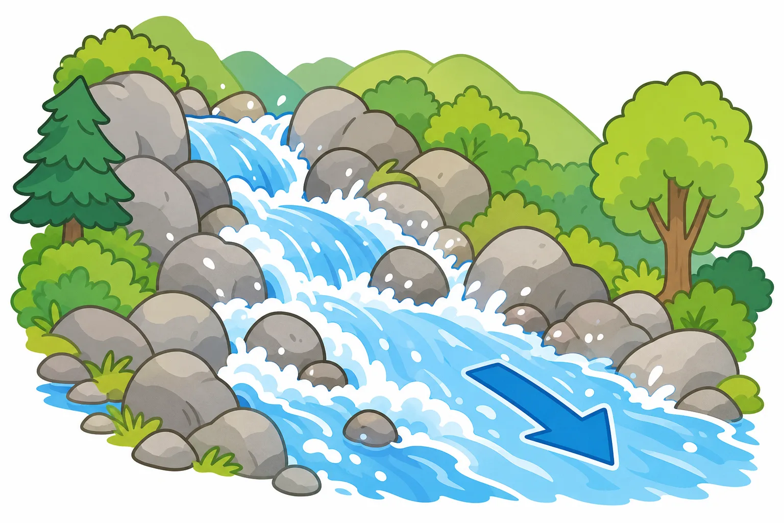 いきおいよく 流れる かわの 水。水は 大きな 力を もっています。
