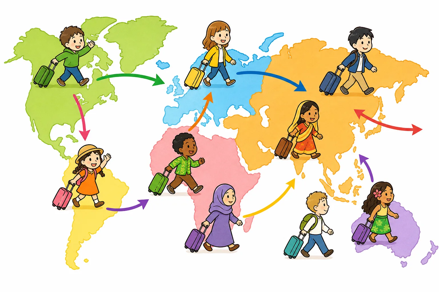 世界では 多くの 人が、国をこえてうつりくらしています。