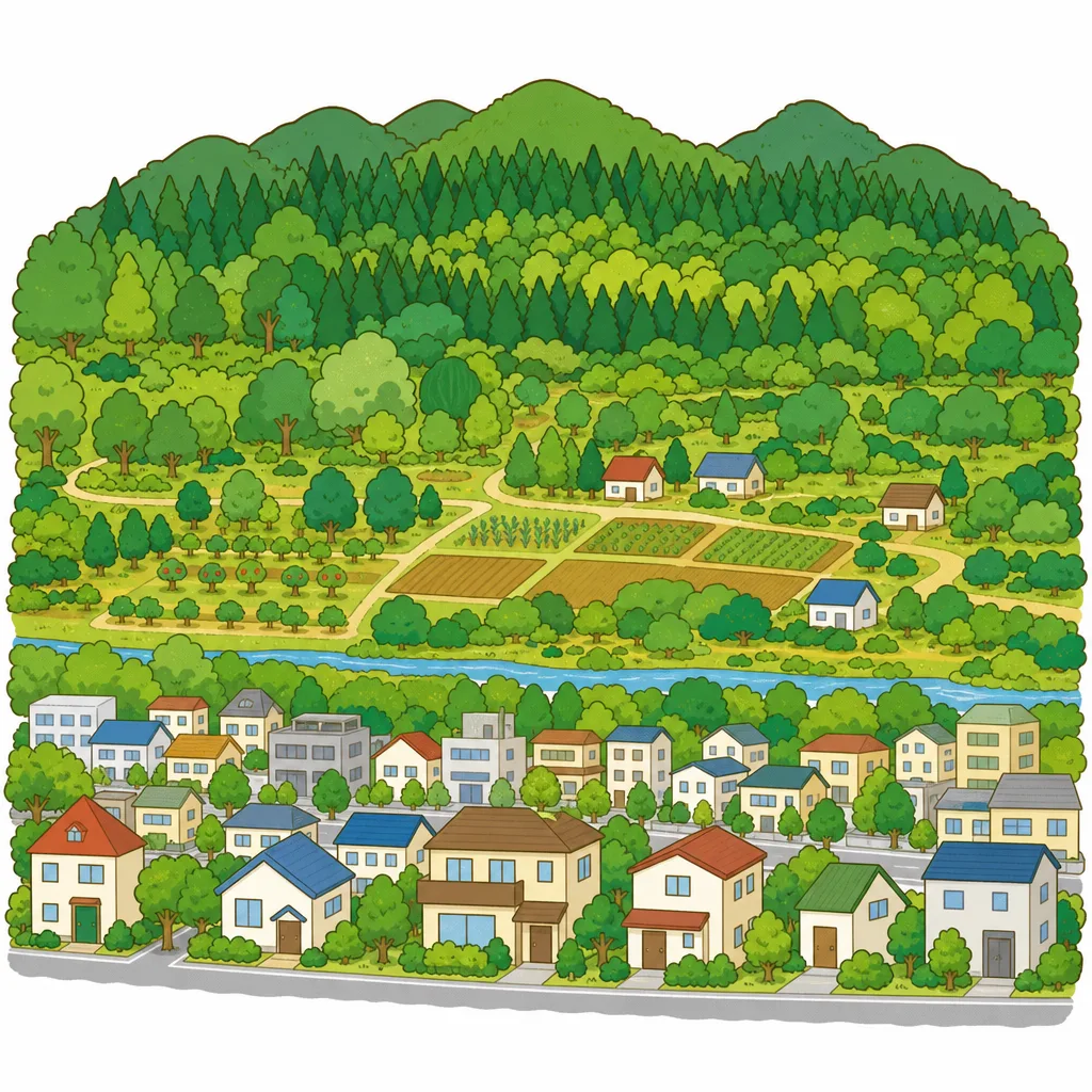 里山は、森とまちのあいだにある「かべ」の 役目をする。