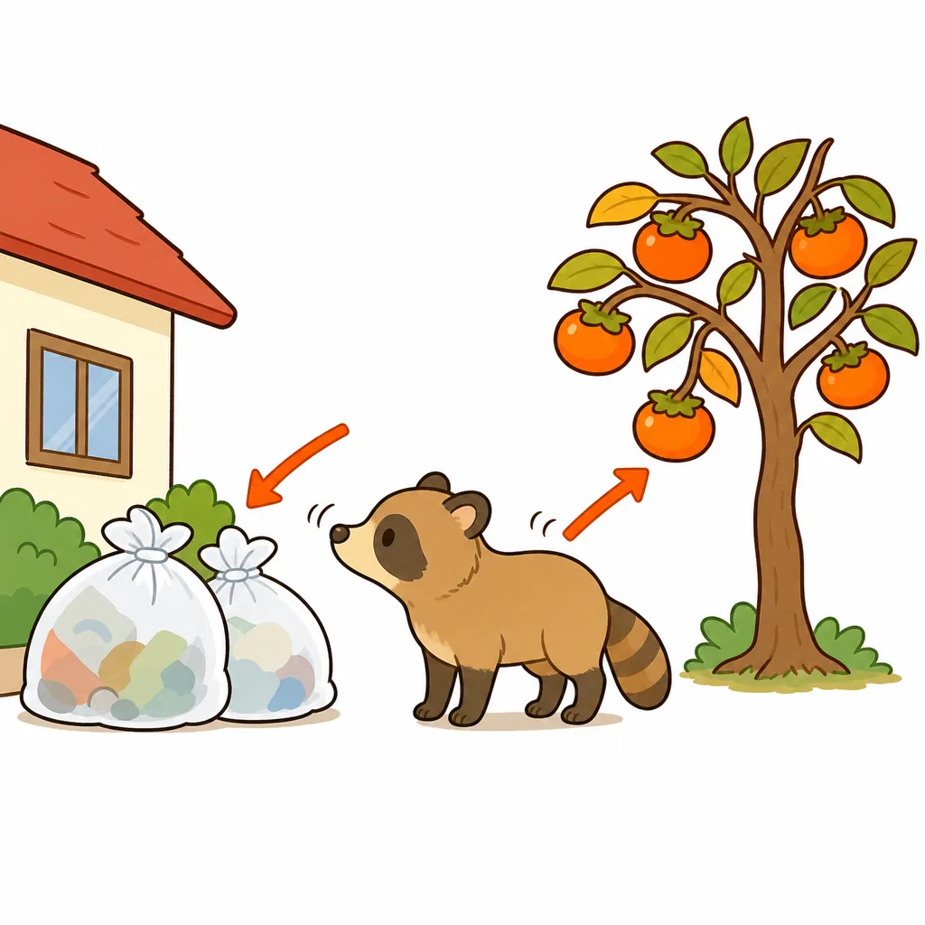 すてた 生ゴミや、とらない 果物が 動物をよびよせる。