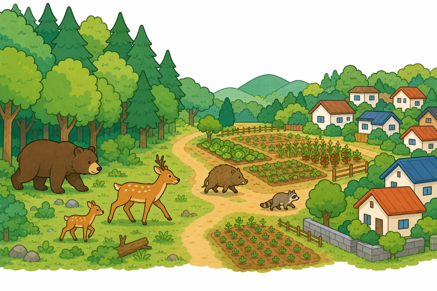 森とまちのさかいめにあらわれた 野生動物。