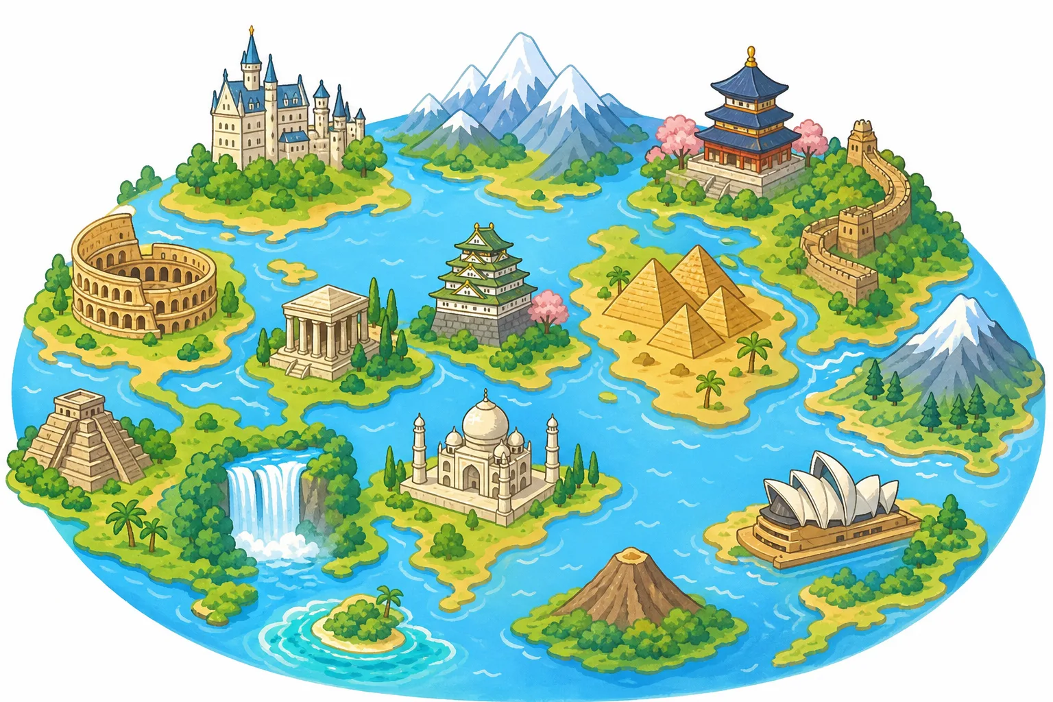 世界のさまざまな 世界遺産。建物も 自然もふくまれます。