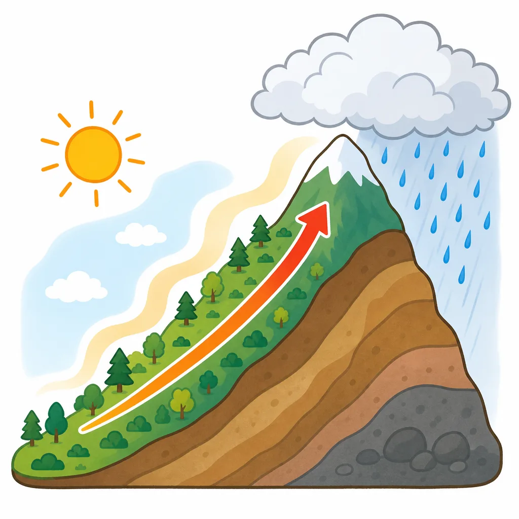 あたたかい空気が山をのぼって雲になり、雨をふらせます。