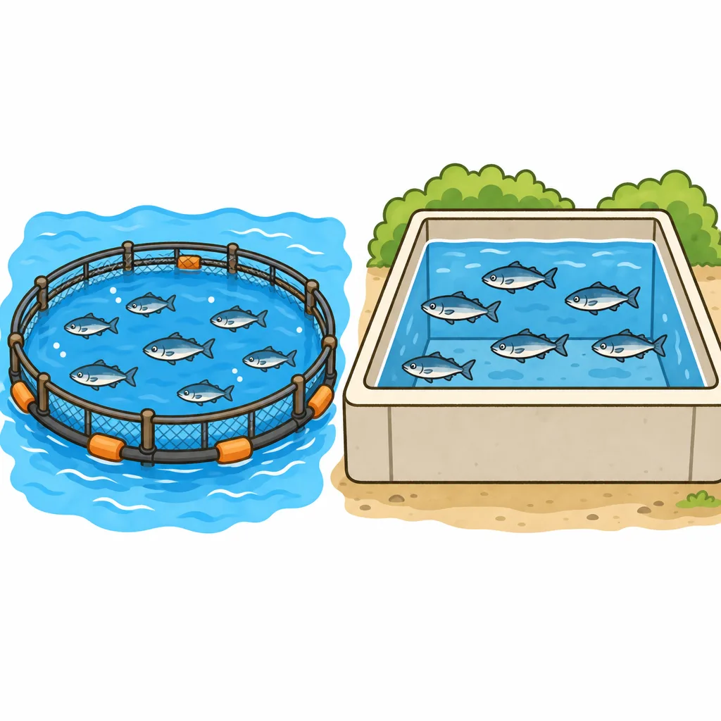 海のいけすと陸の水そう、ふたつの養殖の場所をならべた図。