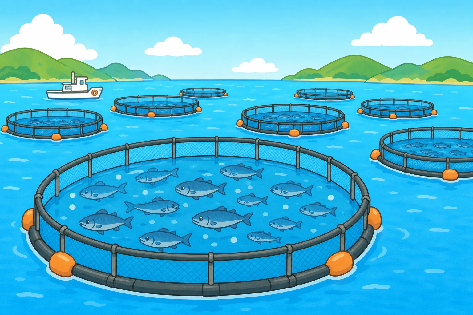 海にうかべた「いけす」で魚を育てるようす。
