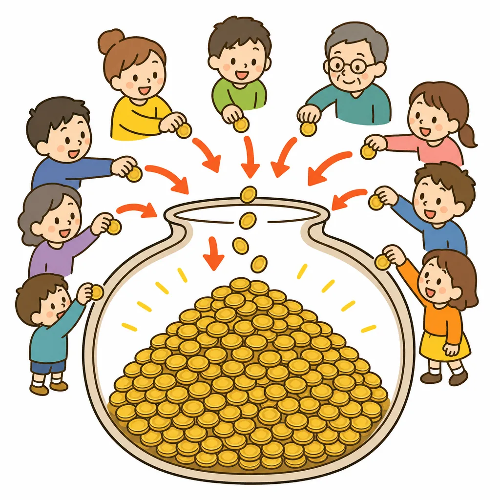 たくさんの人が少しずつ出したお金が集まって、大きな財源になります。